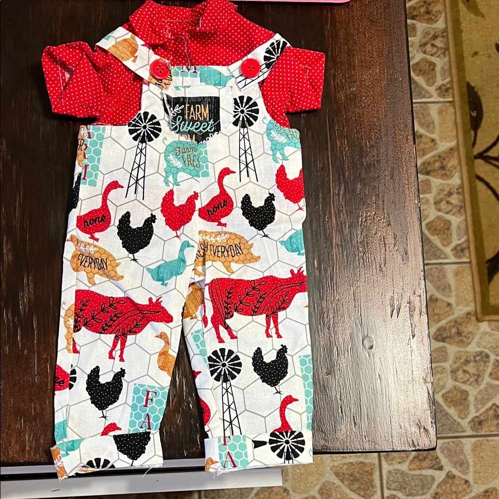 Farm Animal Print Overalls with Red Polka Dot Top